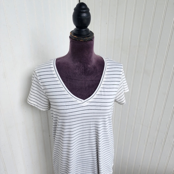 Another Love Womens Shirt Hi Low Dress Ctretch Short Sleeve White Black Stripe M - Picture 2 of 11